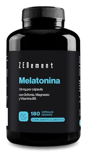 Melatonina 1,9 mg - 180 Cápsulas Veganas - con Griffonia, Magnesio y Vitamina B6 - Complemento de Melatonina Pura en altas dosis para...