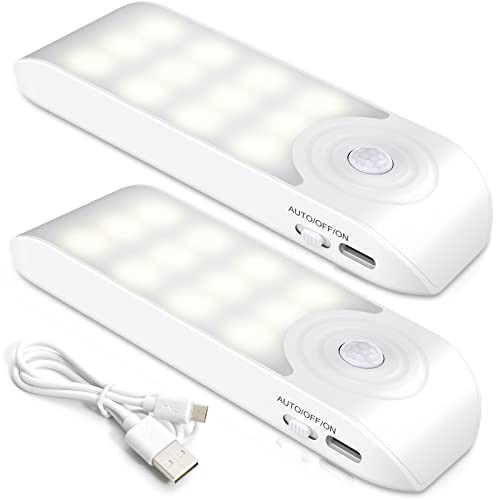 Lámpara Nocturna Recargable con Sensor Movimiento (2 PCs con 24 LED), Luces con 3 Modos, Luz Cálida para Armario, Gabinete, Pasillo,...