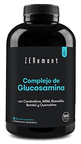 Glucosamina con Condroitina, MSM, Boswellia, Bambú y Quercetina, 365 Cápsulas - Para Articulaciones, Cartílago y Huesos - Alta...