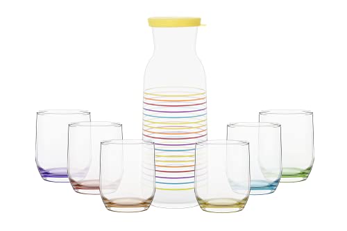 LAV Juego de vasos con botella y vasos de colores, 7 piezas, 6 vasos y una jarra, vasos Jarra de 320 ml con tapa 1.2 litros