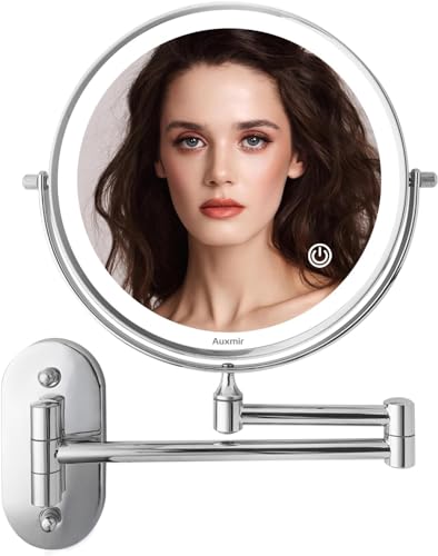 Auxmir Espejo Maquillaje con Luz Pared, 1X/10X Aumento, Espejo de Baño LED Doble Cara, 360 Giratorio, 3 Colores Brillo Regulable Brazo...