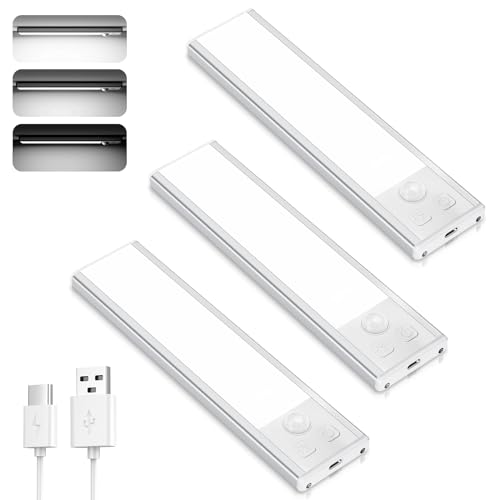 TOPPLEE Luz LED Armario, Luz Nocturna con Sensor Movimiento, 3 Piezas Regulable Lampara Adhesiva, USB Recargable para Gabinete, Cocina,...