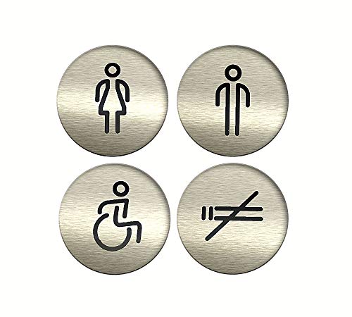 DOJA Barcelona | Cartel para Baño | Hombre + Mujer + Discapacitado + Prohibido Fumar | Color Plateado | 100mm Diámetro | Simbolo Adhesivo...