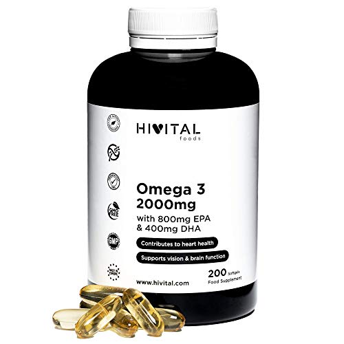Omega 3 2000 mg | 200 cápsulas para más de 3 meses | Con 800 mg EPA, 400 mg DHA y Vitamina E Natural | Contribuye a la salud cardíaca,...