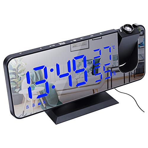 ThreeH Proyección Despertador Radio Reloj Despertador Digital 4 Atenuador y Giratorio 180 ° y 2 Sonidos Pantalla Espejo Grande 7.4 ''...