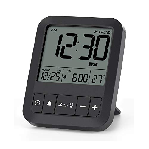 LIORQUE Reloj Despertador para Viaje Despertador Digital Portátil con Función Snooze/Calendario/Temperatura/Luz de Fondo - Negro (Batería...