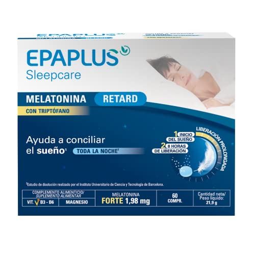 EPAPLUS Sleepcare, Melatonina Retard con Triptófano, Melatonina de Liberación Prolongada 8 Horas, Dormir Rápidamente,60 Comprimidos x...