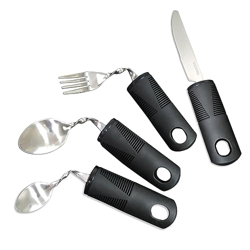 Cubiertos para Parkinson Seniors Discapacitados – Juego de herramientas con cuchillo cuchara tenedor para zurdos, cuchara curvada, mango...