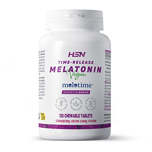 Melatonina de Liberación Prolongada de HSN | 120 Tabletas Masticables de 1,9 mg con Sabor Caramelo de Fresa y Nata | 8 Horas Liberación...