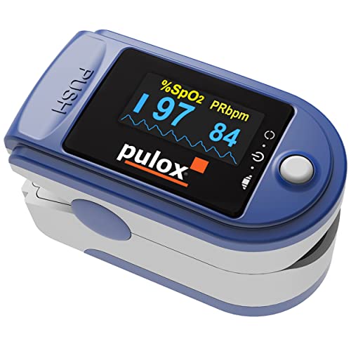 Pulsioxímetro PULOX PO-200A Solo en azul Oxímetro con alarma, tono de pulso y pantalla giratoria Oxímetro de dedo para medir la...