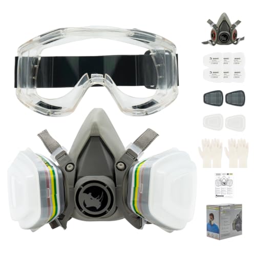 Set de Media Máscara Antipolvo Reutilizable RH-M103 ABEK1 con Gafas, Guantes, 6 Filtros de Protección de Partícular para Gas, Ácido y...