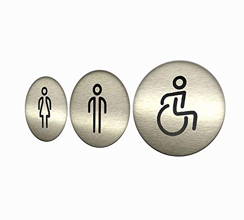 DOJA Barcelona | Cartel para Baño | Hombre + Mujer + Discapacitado | Color Plateado | 100mm Diámetro | Simbolo Adhesivo WC para Puerta |...