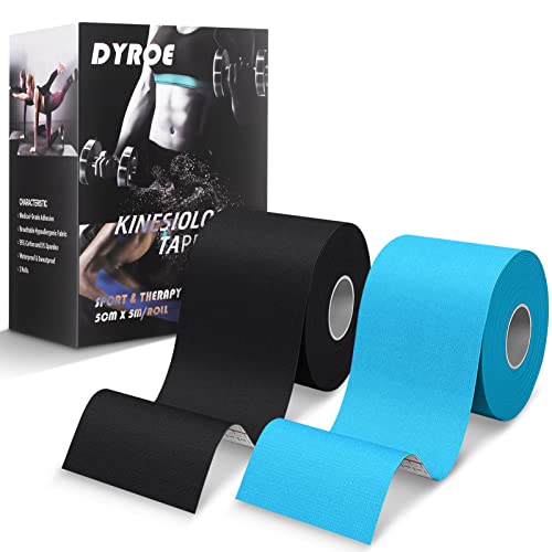 Dyroe Cinta de Kinesiología Tape,Set 2 Rollos 5 m x 5 cm Azul y Negro,Cinta deportiva elástica terapéutica para hombros, rodilla, codo,...