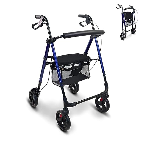 Mobiclinic®, Andador para adultos, Plegable, Ligero, De aluminio, Ligero, Regulable patas y asiento, Con asiento y 4 ruedas, Marca...