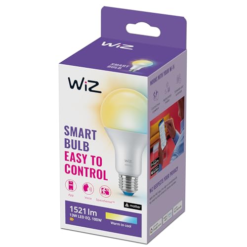 WiZ - Bombilla LED Inteligente Wi-Fi, 13W(Eq. 100W) E27 A67, Luz cálida ajustable, con tecnología SpaceSense y compatible con Alexa y...