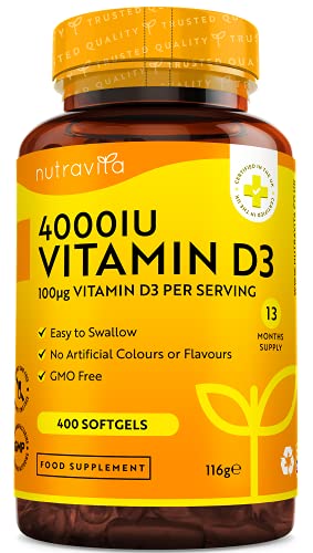 Vitamina D3 4000 UI - 400 Cápsulas Blandas Fáciles de tragar - Suministro para Más de un Año - Vitaminas D de Alta Resistencia para...