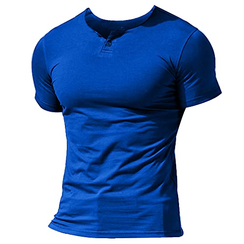 Hombres Casual Manga Corta Camiseta Soltero Botón Abertura Llano v Cuello Camisas Algodón Style A Azul M