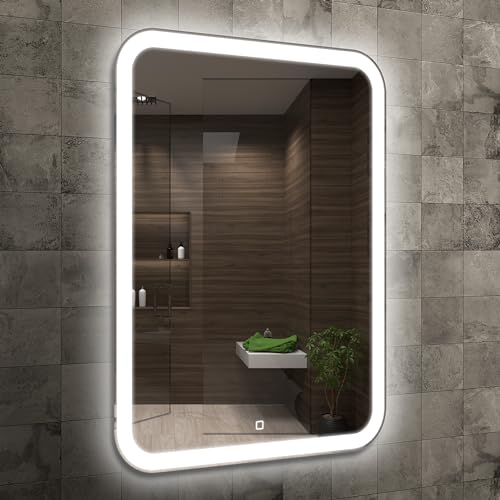 Venti 50x70cm Espejo de Baño Vertical con Luces LED, Espejo de Baño Iluminado con Interruptor Táctil, Esquinas Redondeadas, Espejo de...