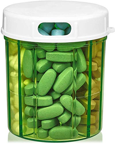 Dispensador de pastillas con cuatro compartimientos, para medicamentos, vitaminas y suplementos. Botella redonda, de MEDca