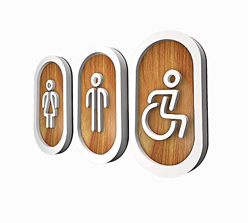 DOJA Barcelona | Cartel para Baño | Hombre + Mujer + Discapacitado | Color Madera | 100mm x180mm | Simbolo Adhesivo WC para Puerta | Placa...