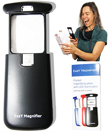 EasY Magnifier Lupa de Bolsillo con Luz LED 3X movil; Lupas pequeña Lectura de Gran Aumento Profesional; Lupa de Mano Niños iluminada para...