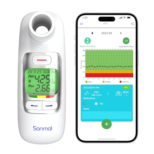 Espirómetro digital con medidor de flujo avanzado y Bluetooth para niños y adultos, monitor en casa para asma y EPOC, PEF FEV1