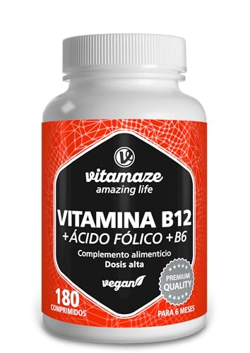 Vitamina B12 1000 mcg + 375 mcg Ácido Fólico y Vitamina B6 180 Comprimidos (Para 6 meses) de Alta Concentración con Metilcobalamina de...