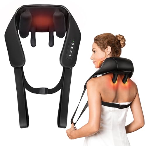 Masajeador de cuello con calor, masajeador inalámbrico 4D de tejido profundo y calor, alivio del dolor muscular para cuello, hombros,...
