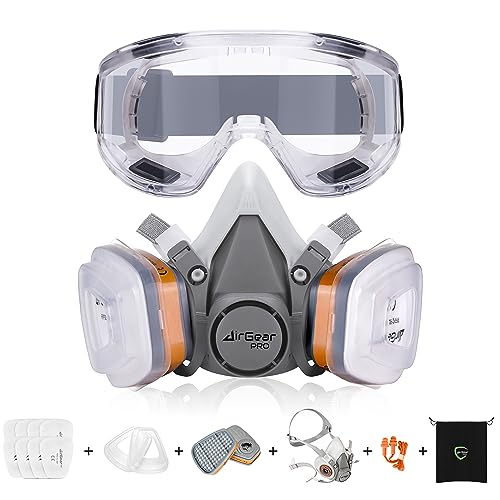 AirGearPro G-500 Máscara Respiratoria Reutilizable, Antipolvo, Antigás con Filtros y Gafas de Protección para Pintar, Construcción,...