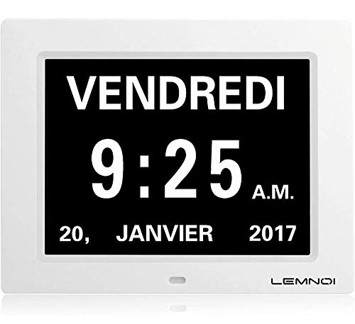 LEMNOI - Reloj Digital con Pantalla LCD de 8 Pulgadas, Calendario, Fecha, día y Hora, no abreviado, atenuación automática, 8 Idiomas,...