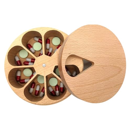 Caja de píldoras de madera organizador de píldora redonda de píldoras de 7 días Organizador de píldora de madera de píldora semanal...