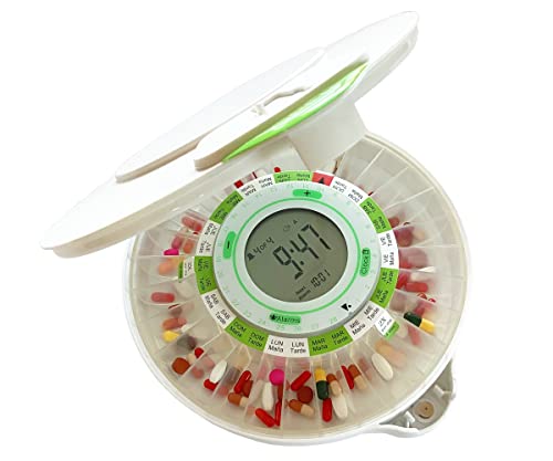 DoseControl Dispensador de pastillas electrónico automático con alarma, Tapa blanca, Plantillas de dosificación en español, Pastillero...
