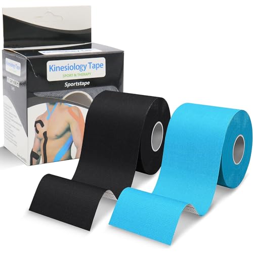 ZSMJAER Kinesiotape,2 rollos cinta kinesiologica (Azul + Negro) 5m x 5cm,cinta de kinesiología resistente al agua y elástica para deporte.