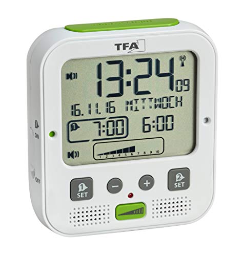 TFA Dostmann Boom - Despertador inalámbrico con Alarma vibratoria, función de repetición, Volumen Ajustable y Brillo, iluminación...