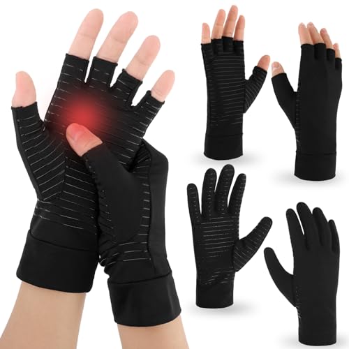COMNICO 2 pares de guantes de artritis sin dedos y dedos completos, guantes de compresión de fibra de cobre para mujeres y hombres, alivio...