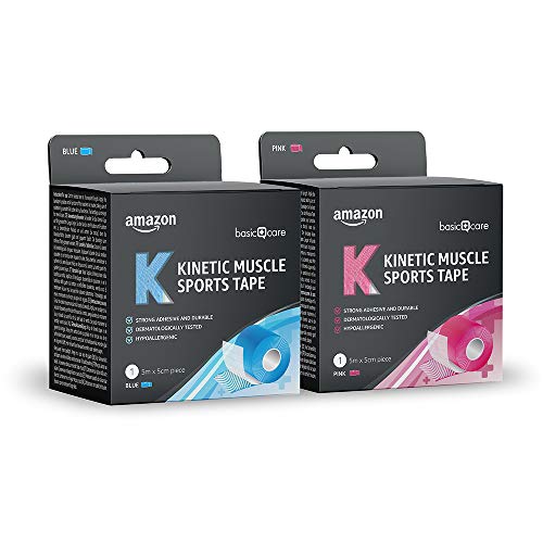 Amazon Basic Care - Cinta kinesiológica deportiva para musculatura, 5 x 5 cm, 2 cintas, 1 azul y 1 rosa, 2 Unidad, Paquete de 2