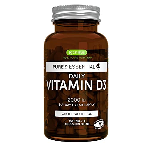 Vitamina D3 2000 UI Diaria, colecalciferol, 365 comprimidos, suministro de 1 al día para 1 año, de...