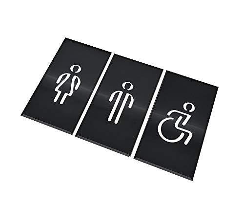 DOJA Barcelona | Cartel para Baño | Hombre + Mujer + Discapacitado | Color Negro | 180mm x100mm | Simbolo Adhesivo WC para Puerta | Placa...