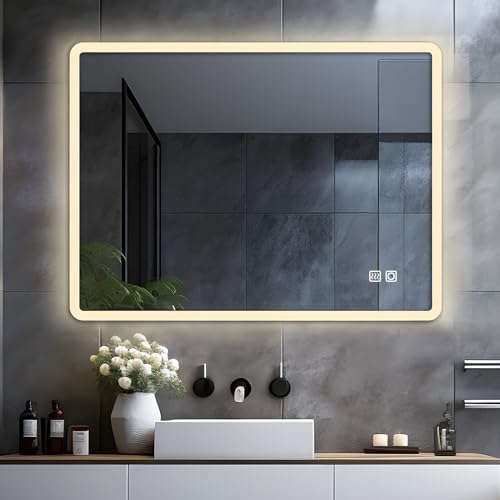 LISA Espejo de baño LED con luz 80 x 60 cm Espejo de baño Grande 800 x 600 mm iluminación con táctil, Espejo de Pared para Regulable,...