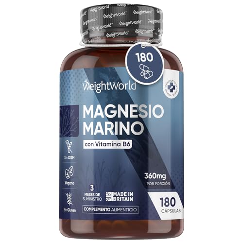 Magnesio Marino con Vitamina B6 360mg, 180 Cápsulas Veganas (3 Meses) - Alivia el Cansancio, Para Correcta Función Nerviosa, Muscular,...