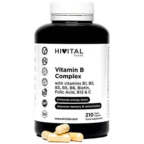 Complejo Vitaminas B con B1, B2, B3, B5, B6, B12 | 210 cápsulas veganas para 7 meses | Biotina y Ácido Fólico | Aumenta el nivel de...