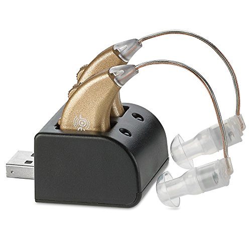 Digital Hearing Amplifiers - Rechargeable BTE Personal Sound Amplifier Pair with USB Dock - Premium Gold Behind the Ear Sound Amplification...