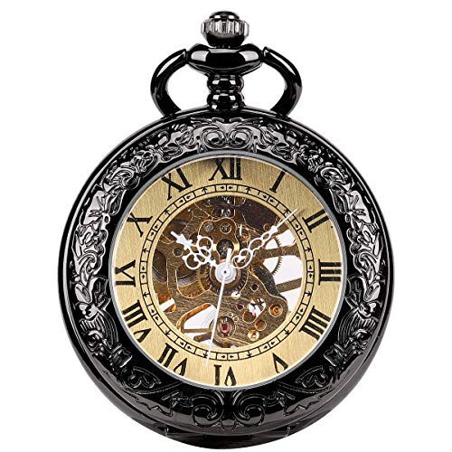 ManChDa Reloj de bolsillo para hombre con lupa especial, mecánico, cuerda manual, números romanos, reloj antiguo con cadena + caja de...