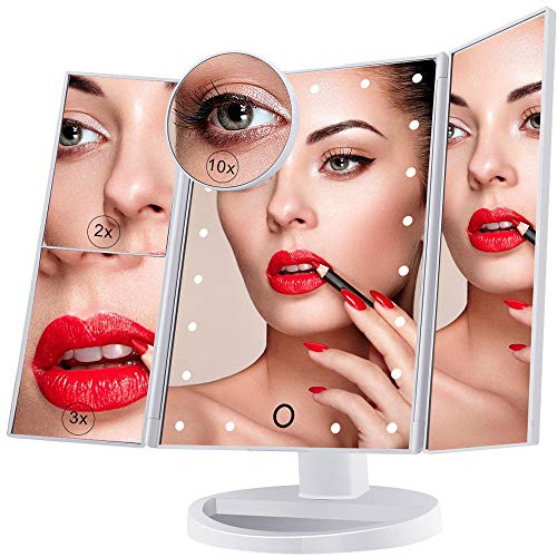 Espejo de Maquillaje Iluminado, 21 Luces LED Espejo Cosmético de Tocador, Pantalla Táctil de Aumento Tri-Fold 2X 3X 10X de Aumento,...