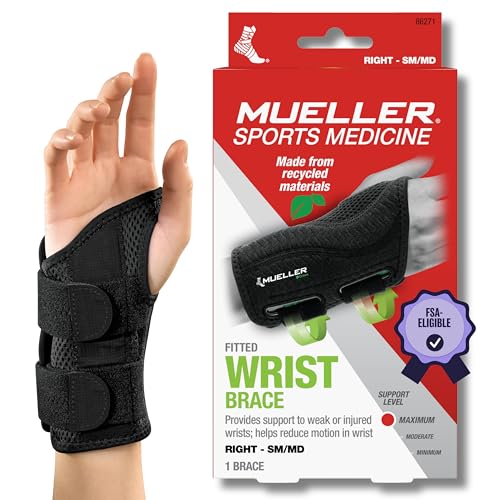 Mueller Greenline Fitted Wrist Brace, muñequera, negra, talla S/M derecha