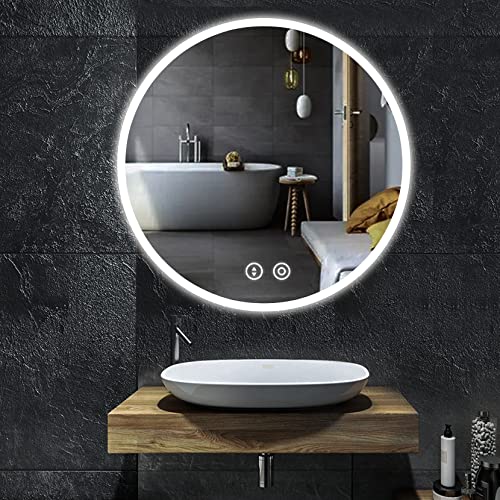 YOLEO Espejo de Baño Redondo con Luz LED Regulable en 3 Colores, Espejo de Baño de 60 x 60 cm con Interruptor Táctil y Función Antivaho,...