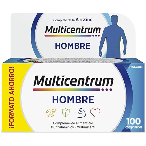 Multicentrum Hombre Complemento Alimenticio Multivitamínico y Multimineral Para Hombres, Con Vitamina C y D, Sin Gluten, 100 Comprimidos