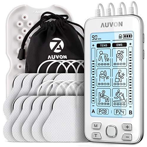 AUVON Electroestimulador TENS de 4 salidas, TENS EMS para terapia de alivio del dolor con masajeador de pulso eléctrico de 24 modos, 10...
