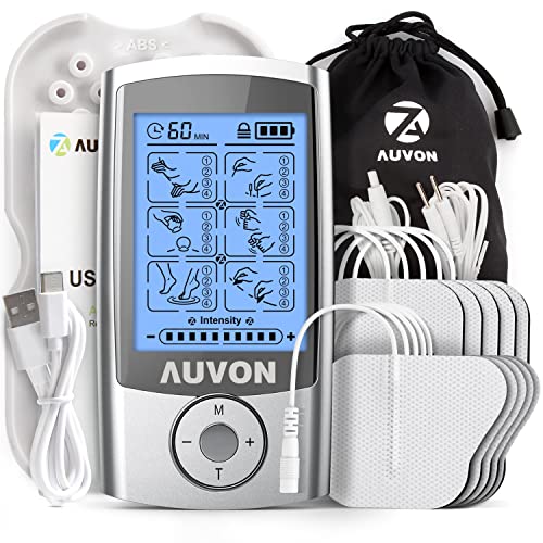 AUVON TENS Electroestimulador recargable con 24 programas, 2 canales y 10 Electrodos TENS con diseño patentado para aliviar el dolor...