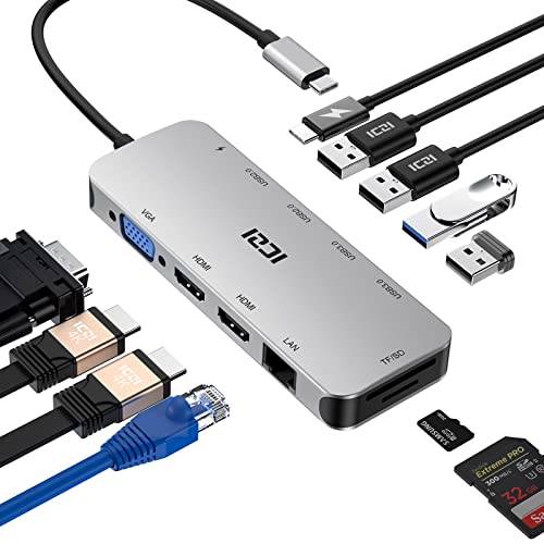 ICZI Hub USB C Dual HDMI, 11-EN-1 Aluminio Adaptador con 2X 4K HDMI, 1080P VGA, RJ45 Ethernet, 100W PD, 4 Puertos USB y SD/TF Lector de...